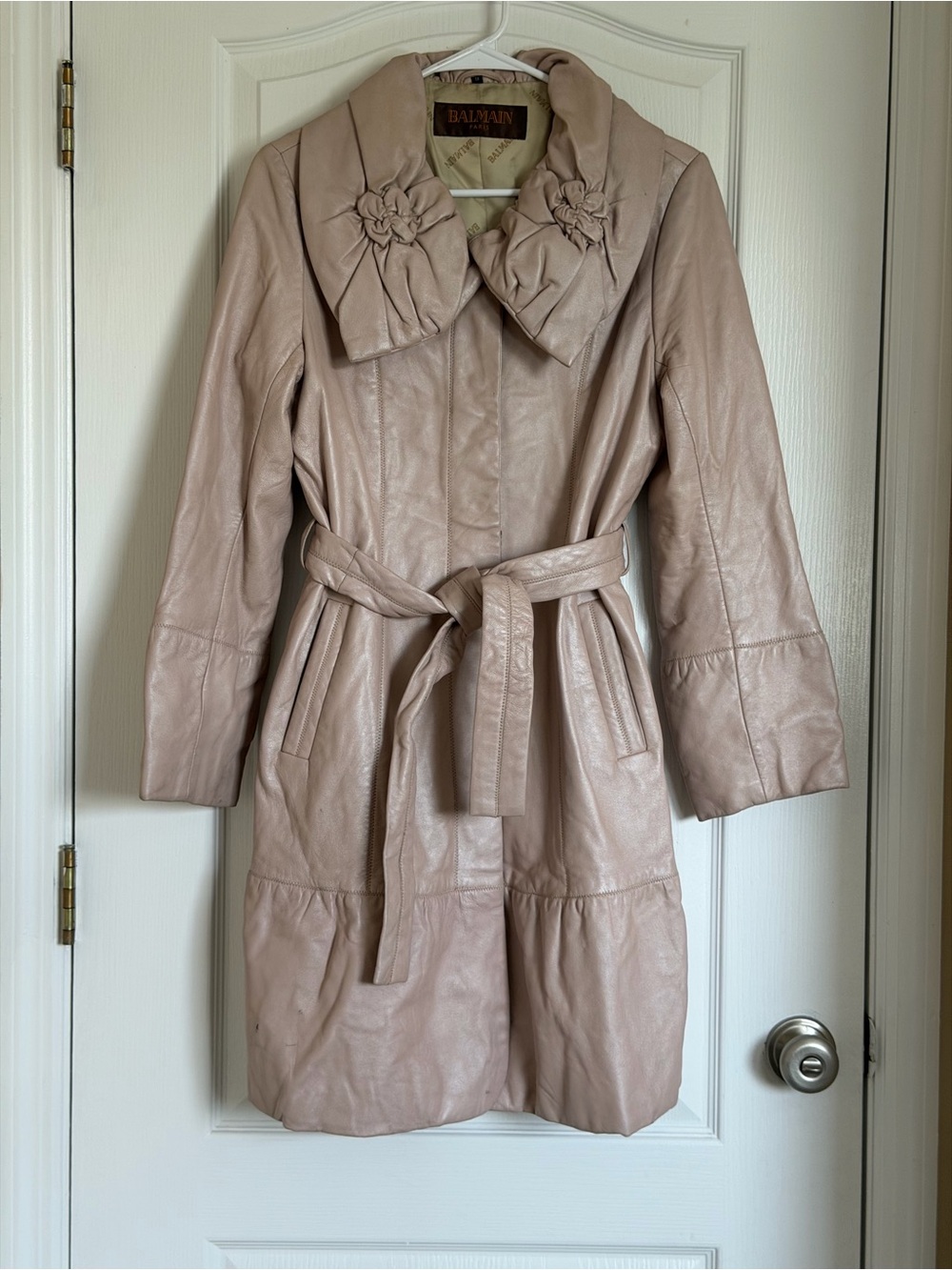 Vintage Balmain Paris Women’s Blush Pink Leather Belted Coat Floral Collar